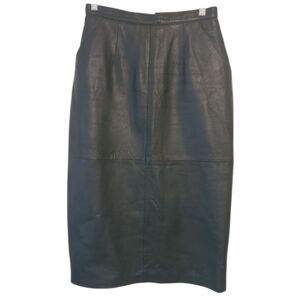 Kezia | Women's Vintage Black Leather Midi Length Pencil Skirt (Size 8)